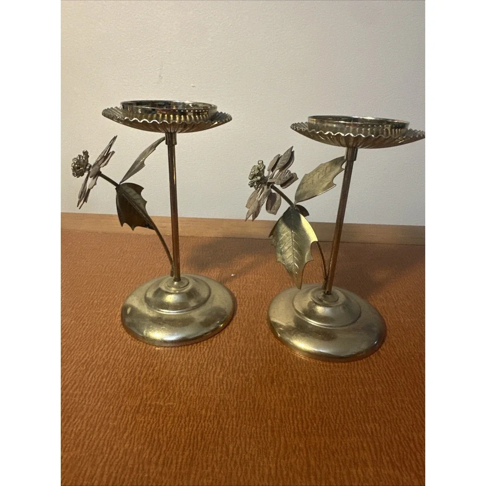 Set Of 2 Vintage Brass‎ Floral Leaf Candle Stick Holders 5